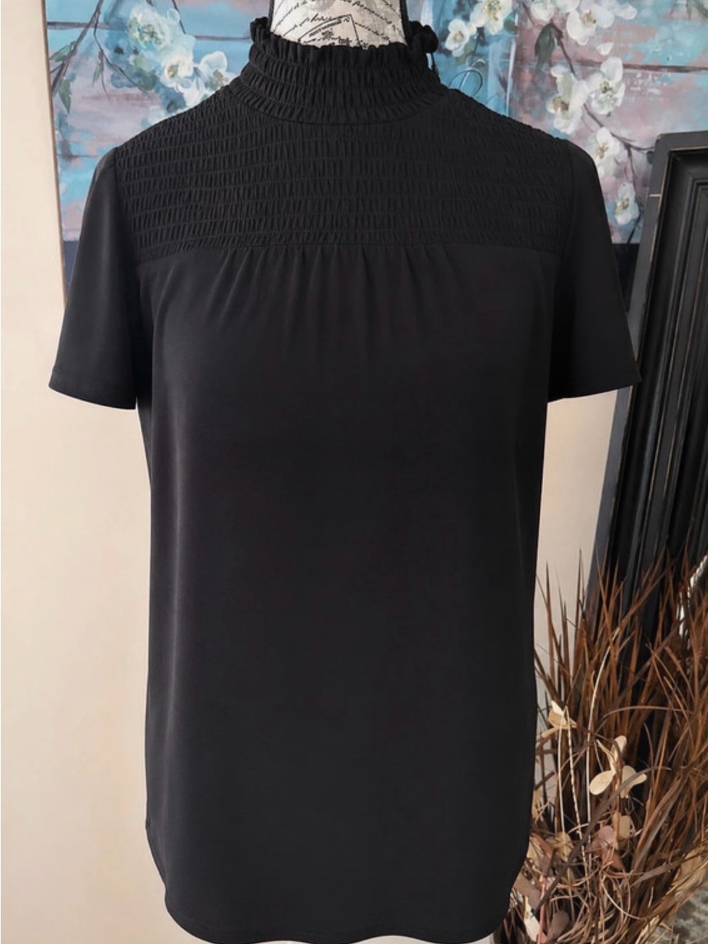 Adrianna Papell Black Smocked High Neck Blouse Size Small NWT